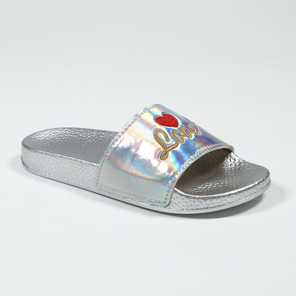 Girls-Holographic-Rose-Gold-Love-Embroidered-Waterproof-Slippers-NMD8010G-3-silver