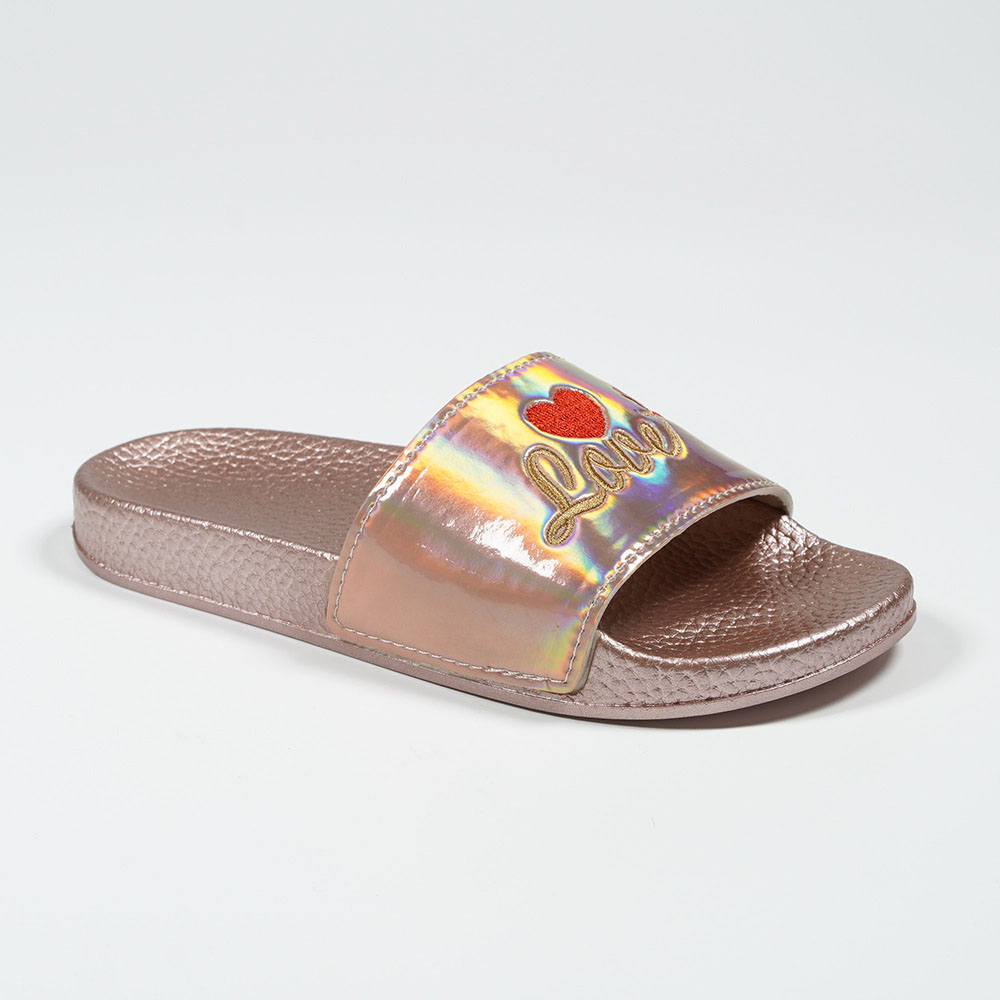 Girls-Holographic-Rose-Gold-Love-Embroidered-Waterproof-Slippers-NMD8010G-3-rose-gold