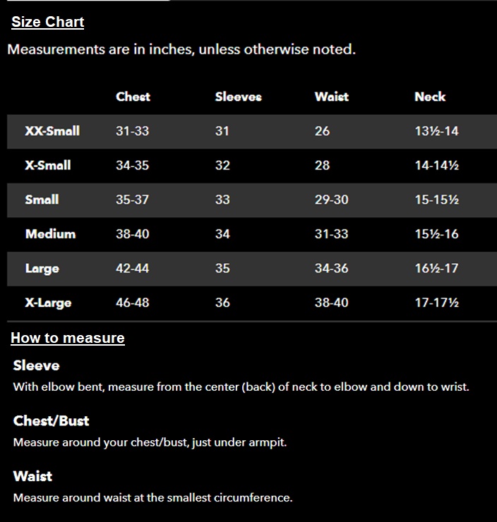 Long sleeve Size chart