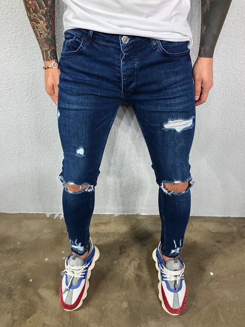 Men's ripped elastic feet jeans ripped elastic boy's jeans fashion <a href='/casual/'>casual</a> jeans pant