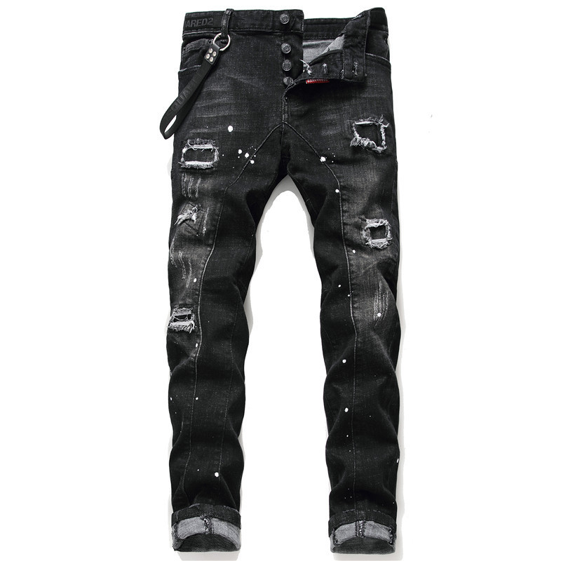 Spring Custom Destroyed Denim Jeans Ripped <a href='/black/'>Black</a> Patch Slim Fit Jeans Men