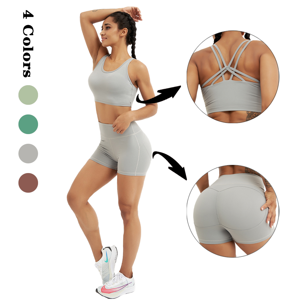 Cross Back Bra High Waist Shorts Sportswear Yoga Gym <a href='/fitness/'>Fitness</a> Set
