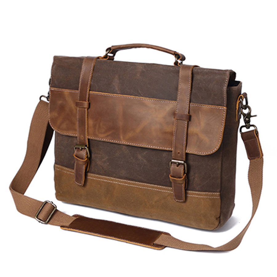 In Stock Water-proof Waxed Canvas Leather Briefcase For <a href='/men-messenger-bag/'>Men <a href='/messenger-bag/'>Messenger Bag</a></a> Shoulder Bag