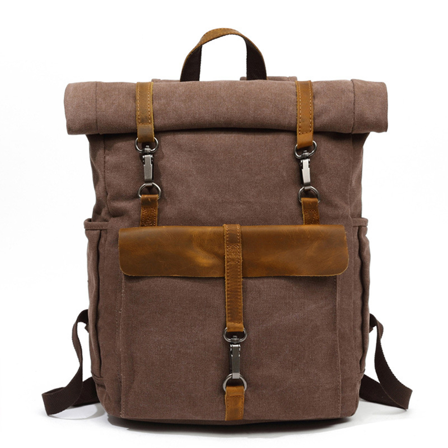 Large Capacity Explorer Roll Top <a href='/canvas-backpack-rucksack/'>Canvas Backpack Rucksack</a> With Genuine Leather Trim