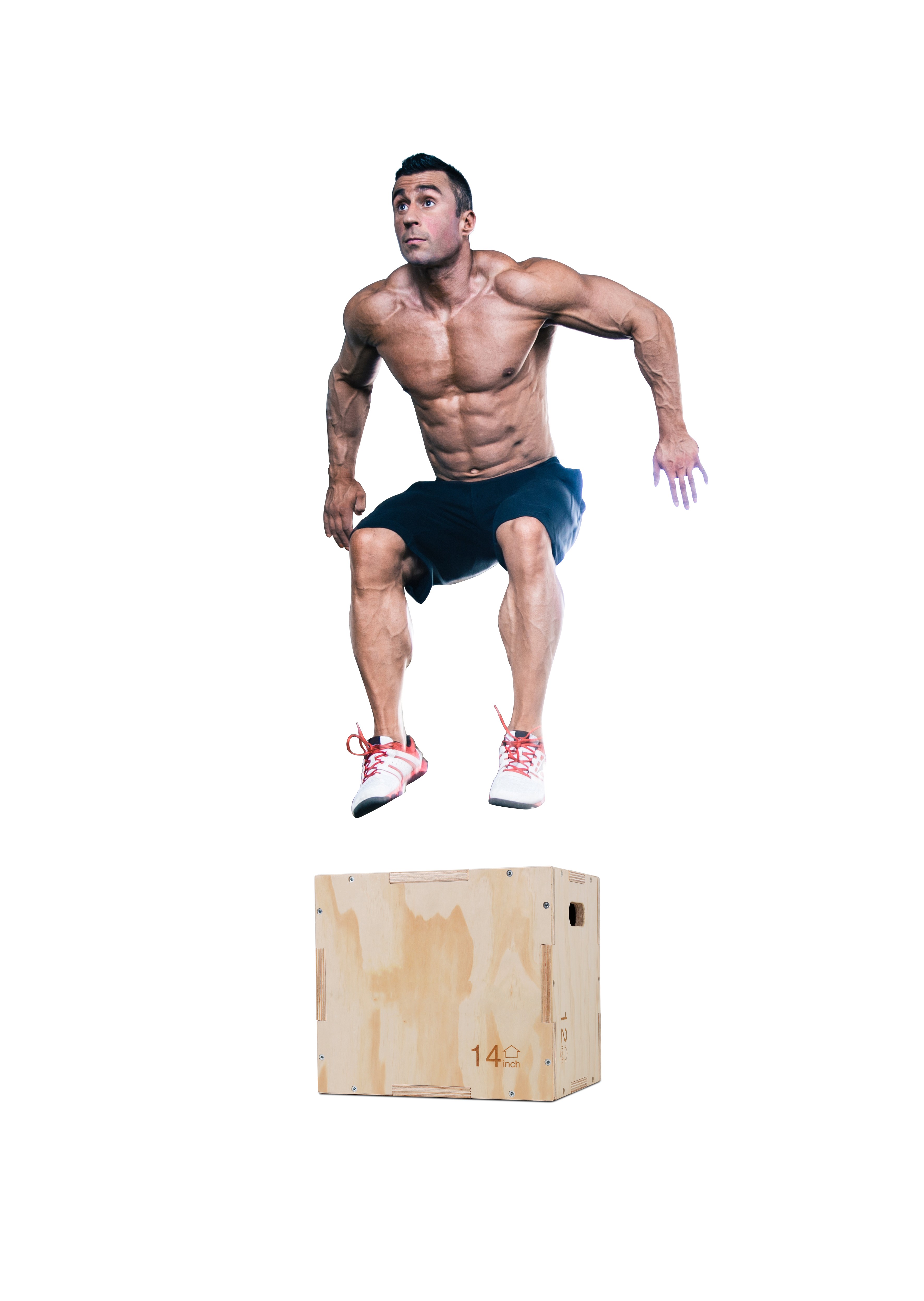 Group of man and woman jumping on fit box