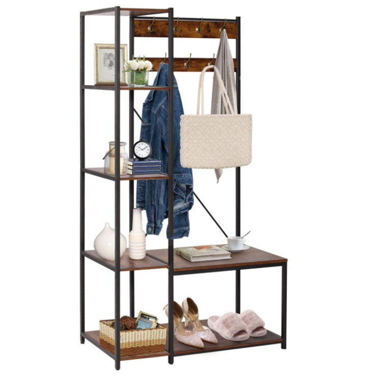 VECELO Coat Rack <a href='/bench/'>Bench</a> Hall Tree with 7 Hooks Entryway Storage 4 Shelves and 1-Tier Shoe Shelf